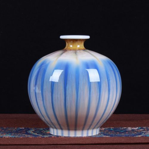 景德镇陶瓷花瓶摆件中式家居客厅装饰品摆设颜色釉裂纹窑变石榴瓶